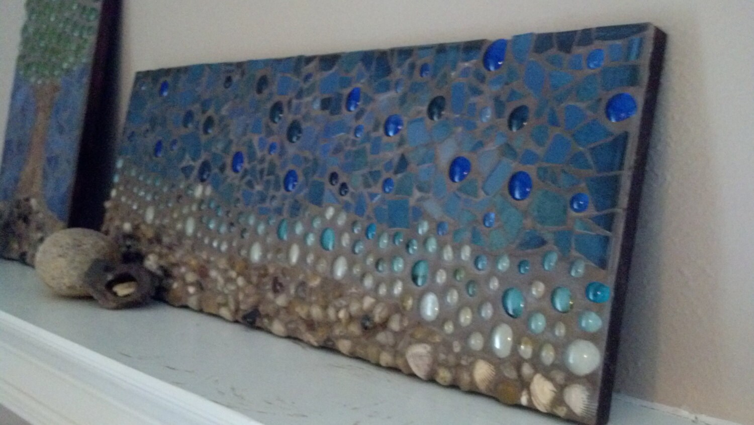 Mosaic Beach with Shells Rocks Tile & Glass Ocean on High