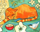 art print orange cat teal background little bird original art sleeping cat print bright and funky