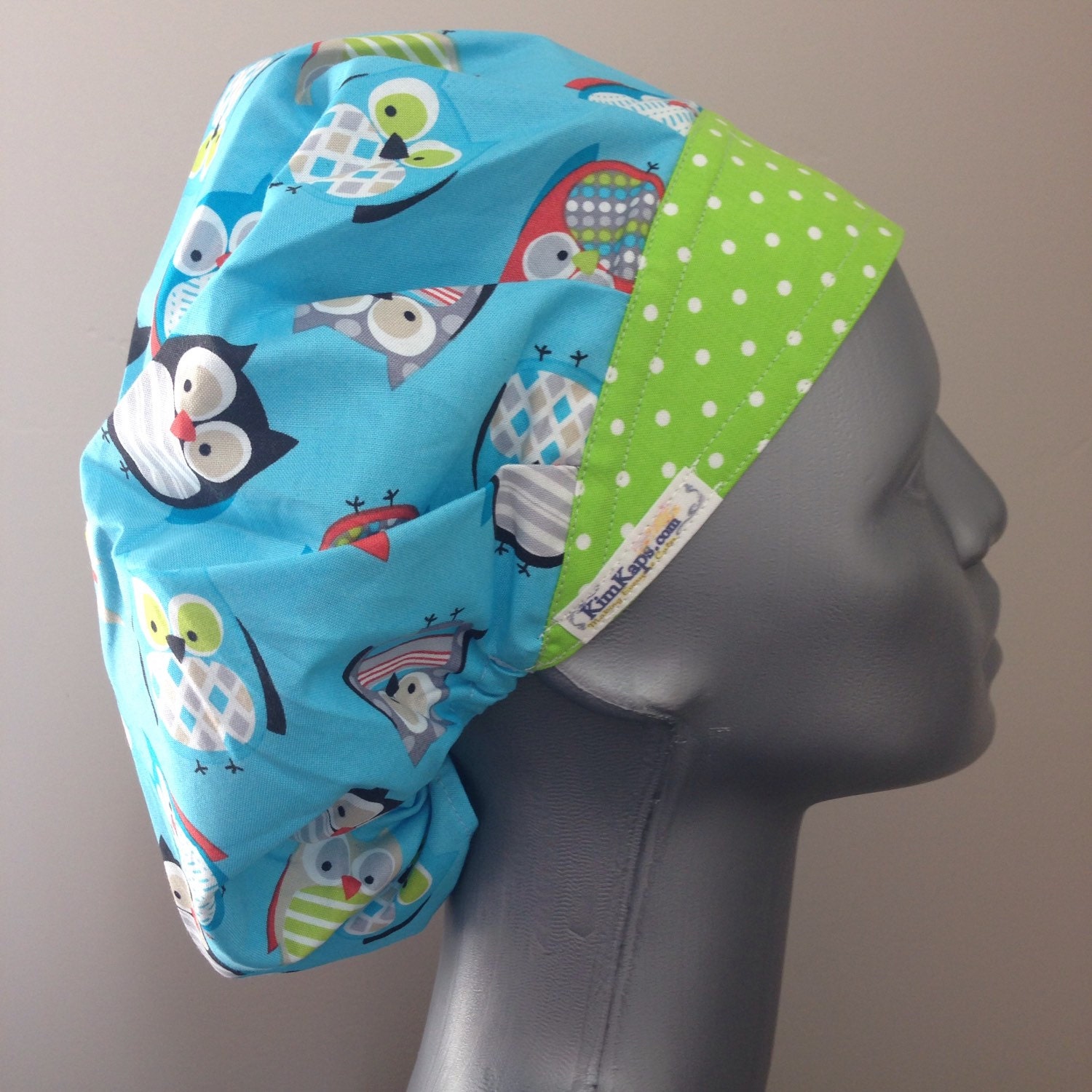 Bouffant Surgical Scrub Cap/ blue fabric with owls and polka