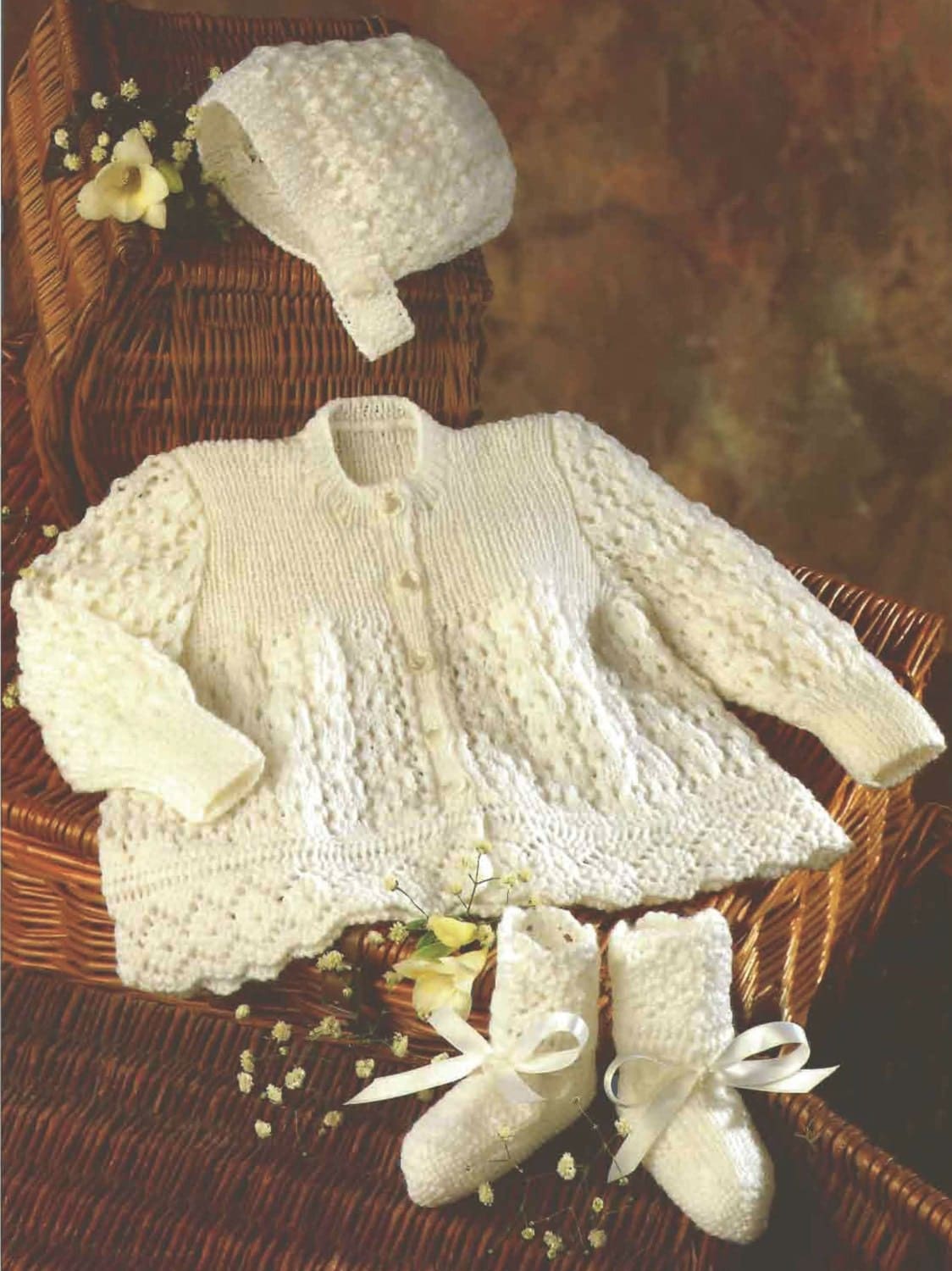 Knit Pram Set Coat Bonnet Booties Vintage Pattern baby
