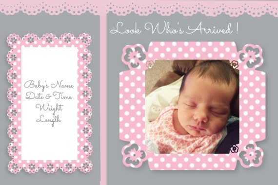 Baby Girl Pink and Grey Birth Announcement