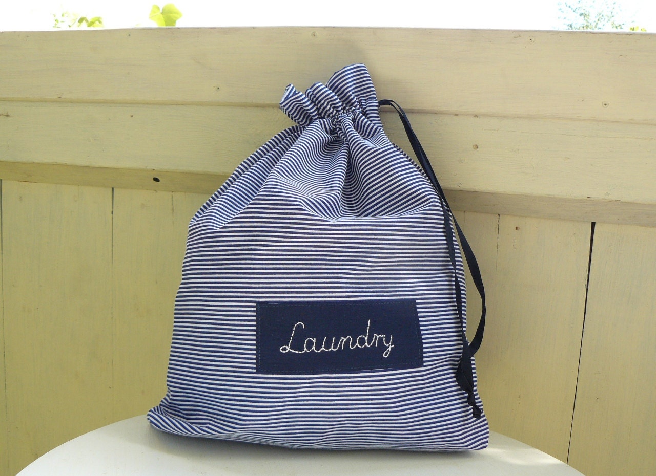Travel laundry bag dirty clothes bag stripes navy blue by