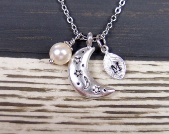 initial necklace, tiny moon necklace, Swarovski pearl choice, long necklace option, moon with stars gift, silver moon charm
