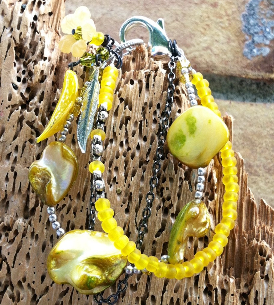 Layered Gypsy Jewelry Stack Bracelet Yellow Beads by crushedcameo
