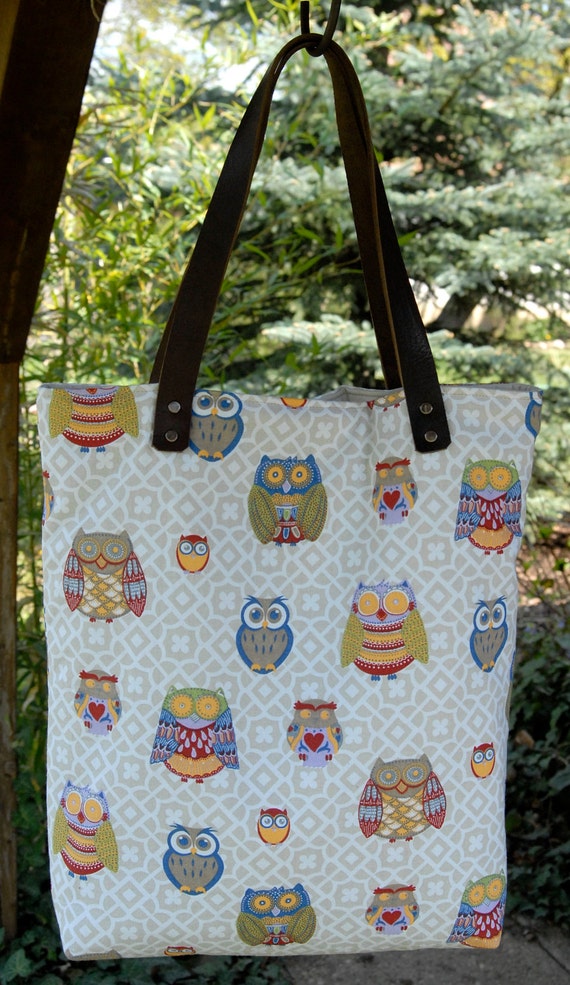 Items similar to Handmade tote bag with owl pattern and real leather handle on Etsy