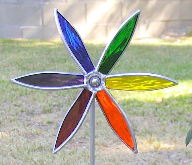 Stained Glass Spinning Garden Pinwheel Rainbow