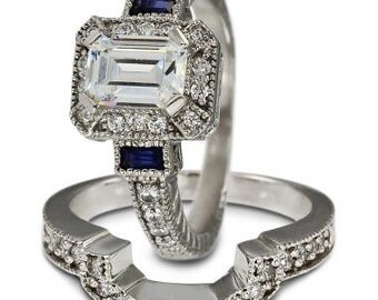 Diamond Bridal Set In White Gold With Blue Sapphire Accent & Milgrain Decoration