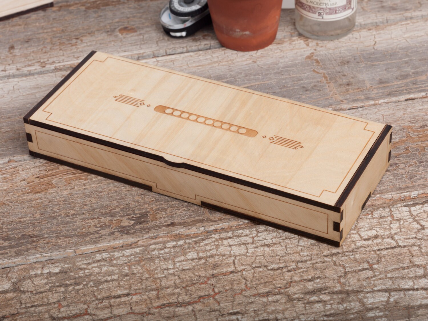 Handmade lasercut birch wood art deco Harmonica storage case