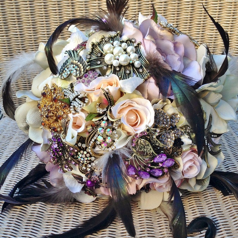 FULL PRICE (not a deposit) Lilac, Peach, Dusty Rose and Cream Vintage Steampunk Antique Inspired Jewelled Bridal Brooch Bouquet: Margaret
