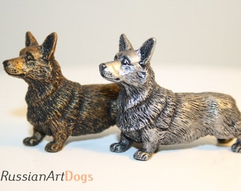 Miniature statue Welsh corgi pembroke dog figurine from the alloy of tin pewter