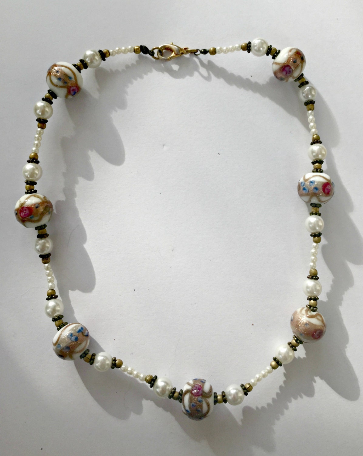 Vintage Handpainted Glass Beads with Pearls Necklace Haute Juice