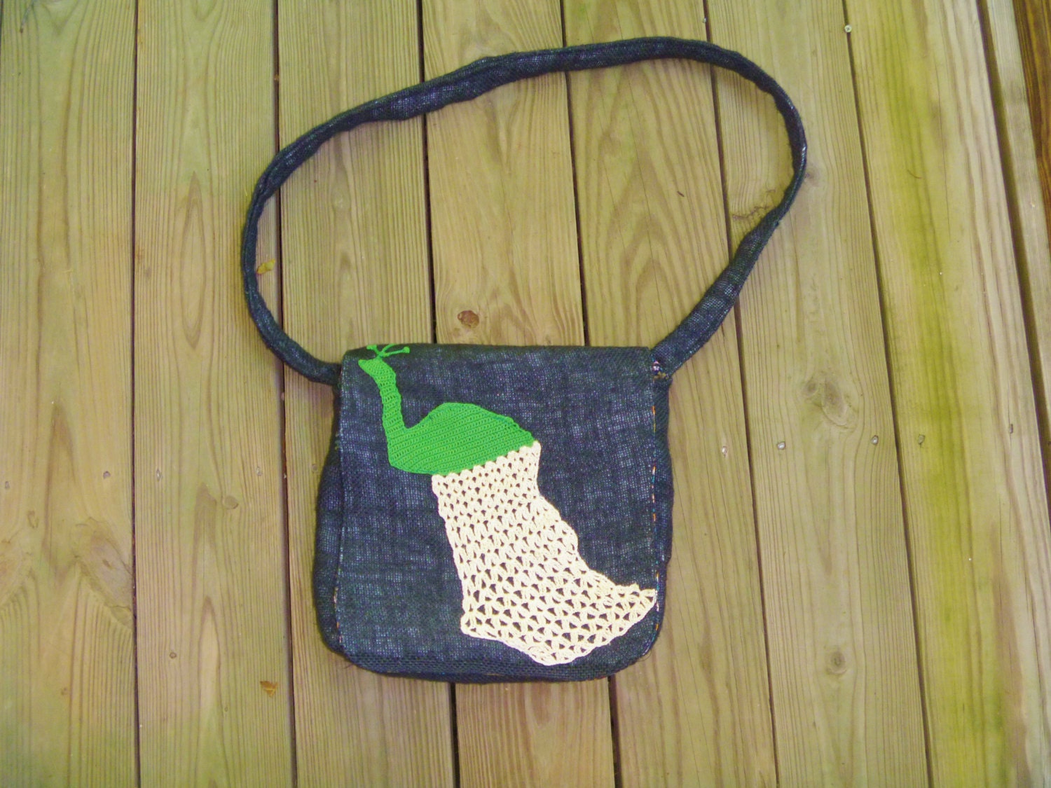 Black Burlap Messenger Bag with Crochet Peacock by thebigbagco