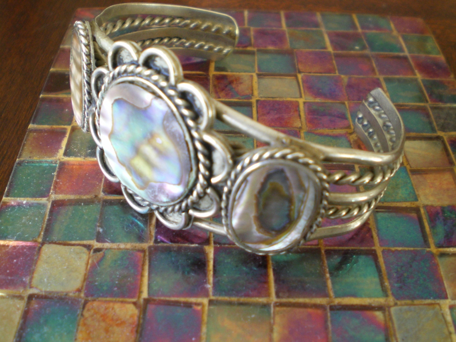Vintage Mexican Silver and Abalone Cuff Bracelet Beautiful