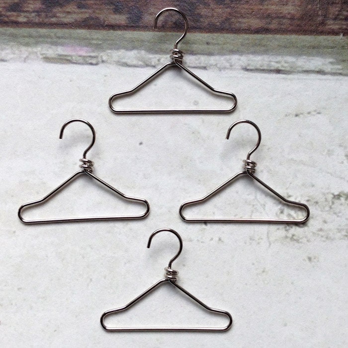 3 mini silvertone metal coat hanger charms / tiny coathangers 26x33mm