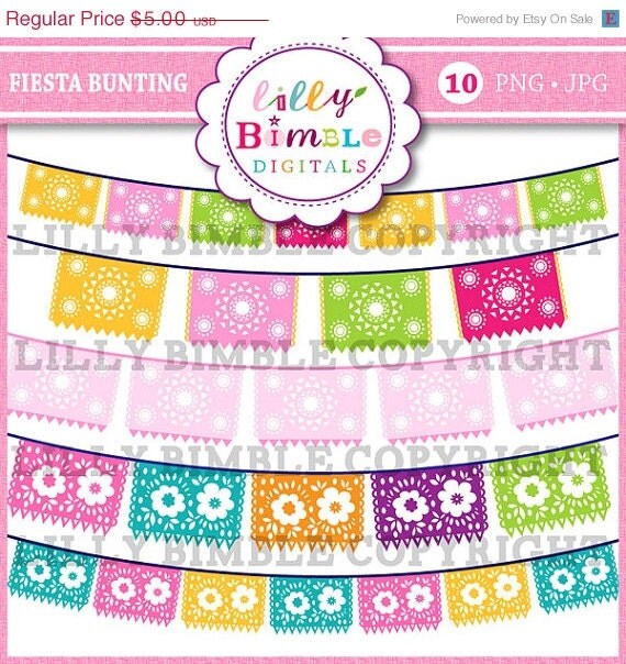 50% off Fiesta Bunting Clipart Picado for cards, invites, scrapbooking, Commercial Use included Il_570xn