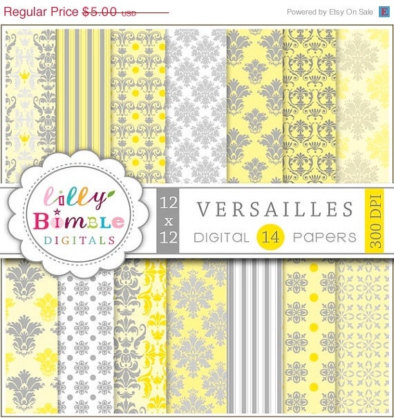 50% off Yellow Gray Digital papers for scrapbooking, invites, cards, photographer backgrounds VERSAILLES download Il_570xn
