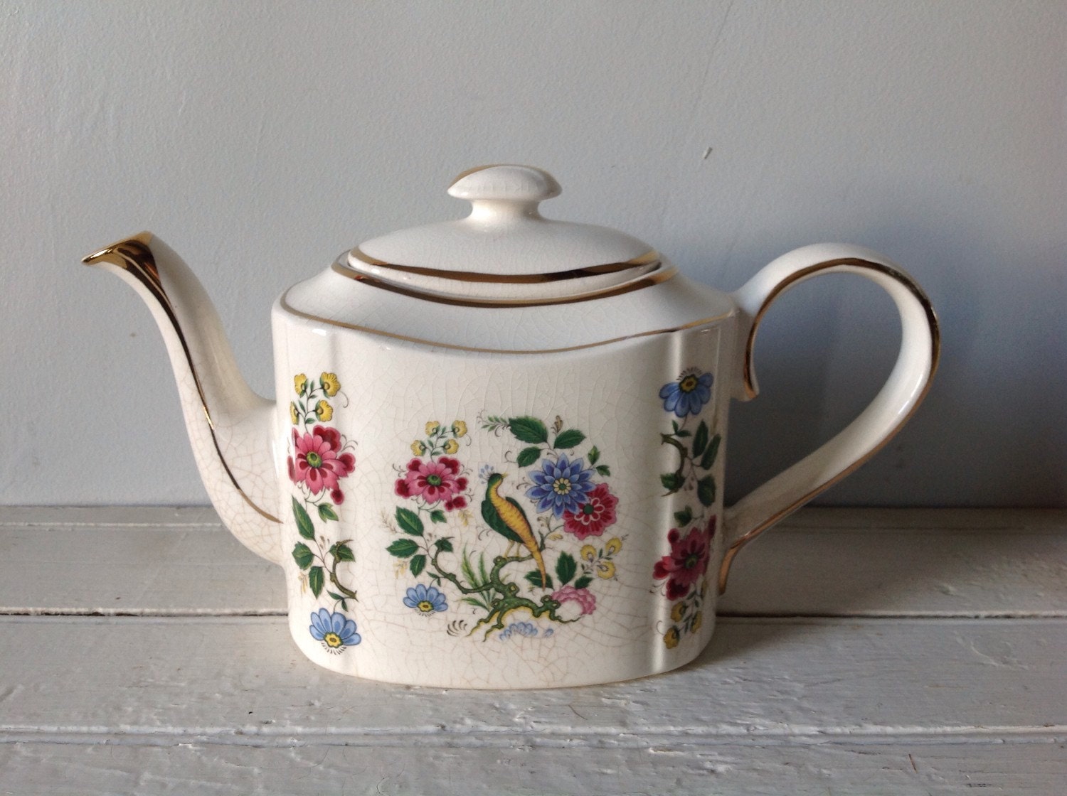 Arthur Wood Vintage Donegal Teapot Bird of Paradise Floral Made in