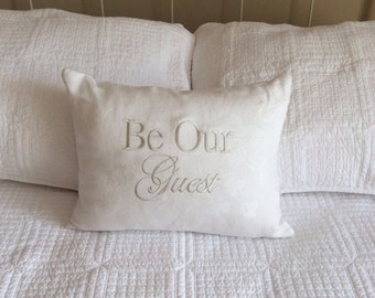 Decorative pillow cover-Be Our Guest-guest room, bed and breakfast, upcycled linens