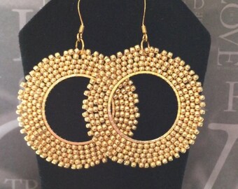 Bright Gold Beadwork Earrings Gold Seed Bead Hoop Earrings Handmade Beaded Gold Jewelry