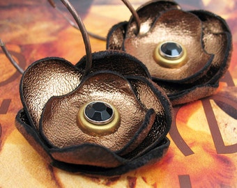 Copper Leather Flower Hoop Earrings, Dangle Earrings, EcoFriendly, Unique Jewelry, OOAK