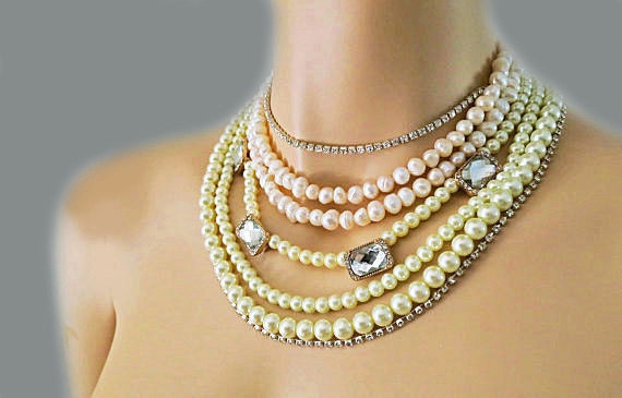 Freshwater Pearl Necklace, Cream Pearl Necklace, Pearl and Crystal ...
