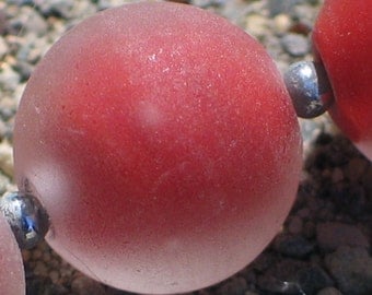 Handmade Glass Lampwork Beads, Red/Etched/Frosted