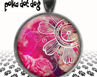 Hot Pink -- Bohemian Style Hot Pink Flowers Large Glass-Covered Pendant