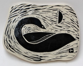 swan in moonlight, facing right, hand carved ceramic art tile