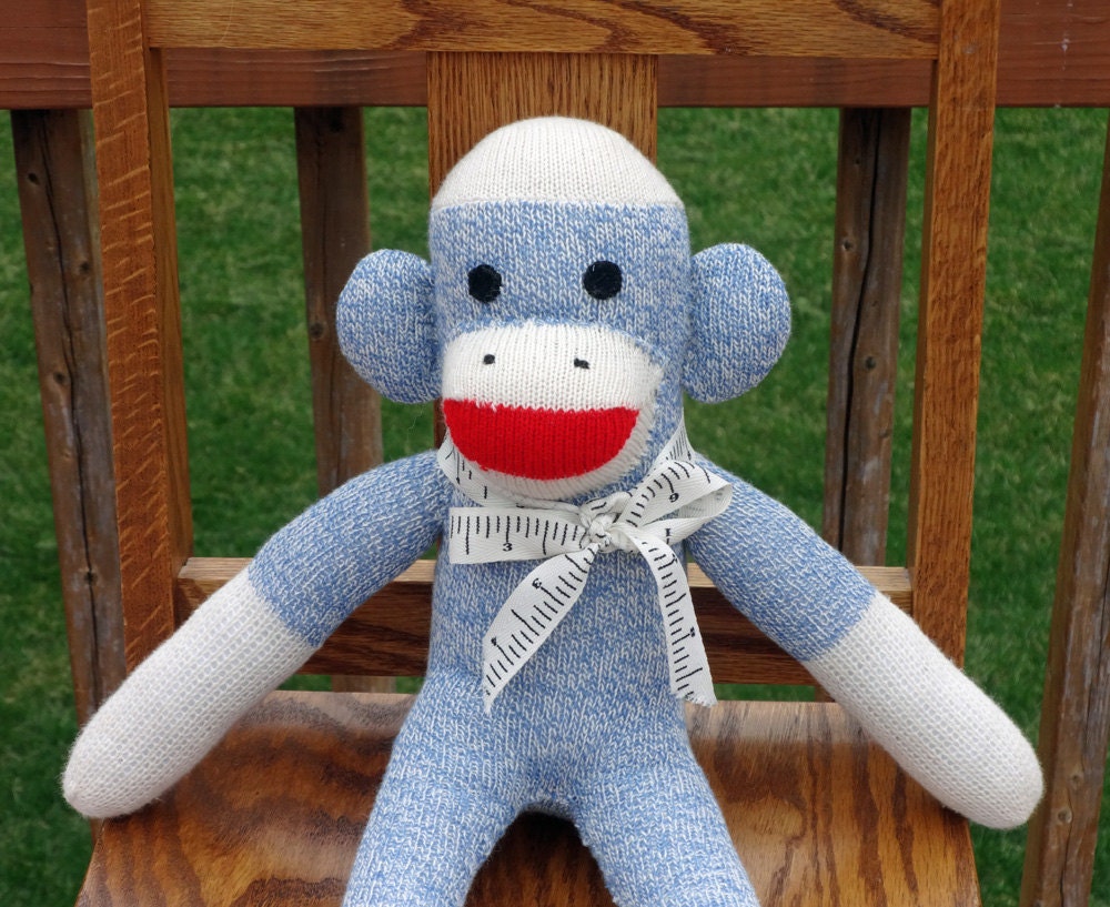 Blue Sock Monkey Toy with Measuring Tape Bow 16 by FolkArtFibers