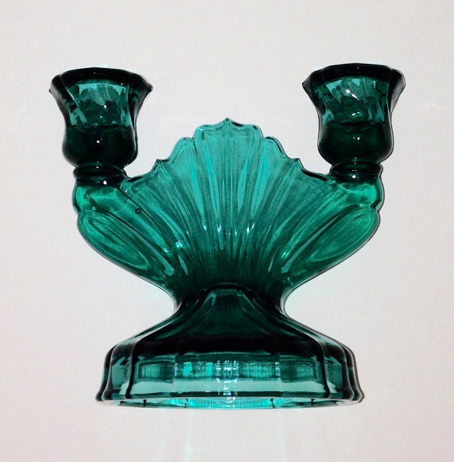 Vintage Teal Double Candlestick Holder By Glass