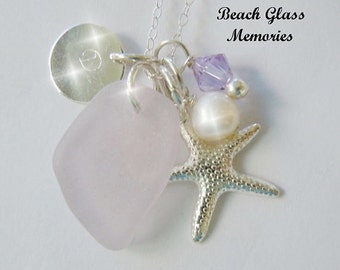 Sea Glass Necklace Personalized Necklace Aqua Beach Glass Necklace Seaglass Jewelry Charm Necklace Starfish