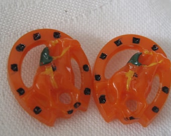 Set of 2 VINTAGE Orange Horse & Rider with Horseshoe Plastic BUTTONS