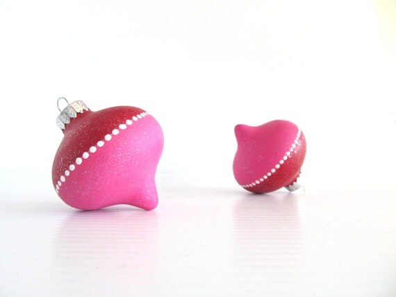 Christmas Ornments Hot pink and Red Christmas Tree Ornaments Two Hand painted Glass Ornaments