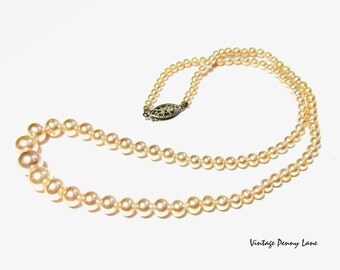 Vintage Glass Pearl Bead necklace, Sterling Silver Clasp