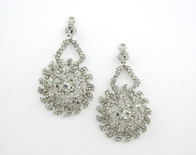 Pair of Crystal Sunflower-like Rhinestone Drop Charms Jewelry Supplies Silver-tone