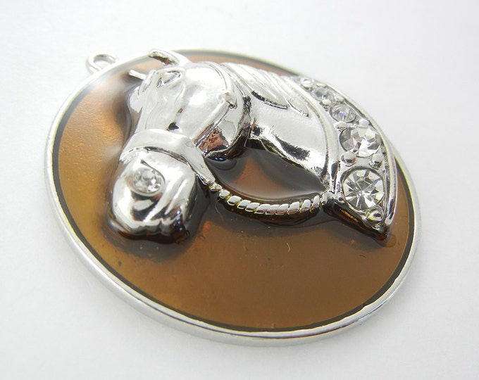 Round Silver-tone Horse Pendant with Brown Epoxy and Rhinestones