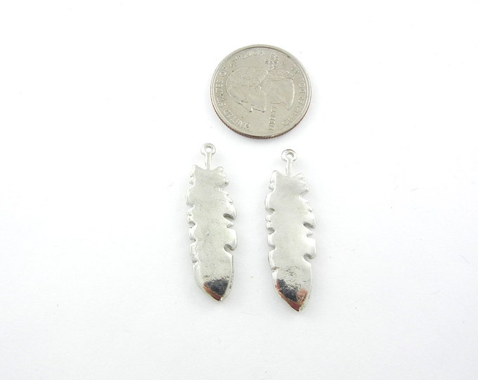 Pair of Small Feather Charms Tiny Rhinestone Encrusted Silver-tone