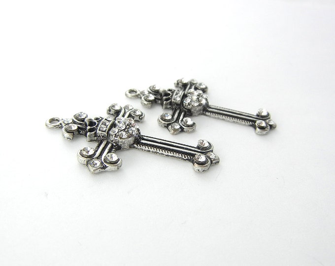 Pair of Antique Silver-tone Cross Charms with Rhinestones