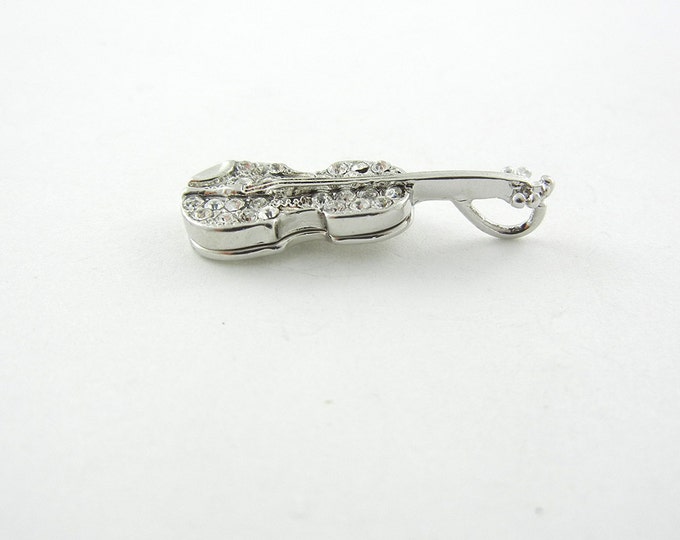 Dimensional Silver-tone Rhinestone Violin Pendant