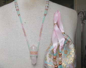 Beaded DoubleTerminated Rose Quartz Crystal Vogel Point Wand Necklace with Amazonite Green Rainbow Quartz Gemstones Extra Large Size