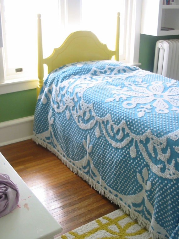 Vintage Chenille Bedspread Aqua Blue Turquoise Twin Full