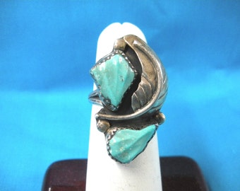 FREE SHIP size 6.5 womens double carved turquoise with leaf sterling ring BearlyArtDesigns Store