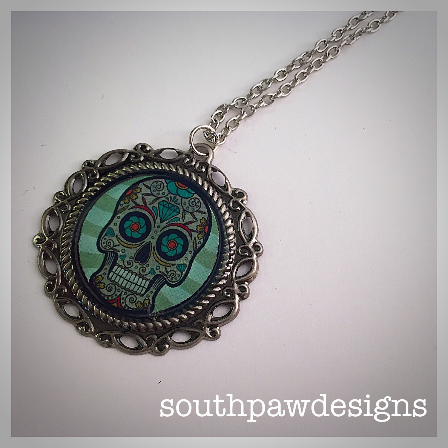 Sugar skull pendant necklace in red by SouthPawCreations on Etsy