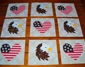 Set of 9 Applique  6" x 6"  Quilt Blocks  ... American Eagle with Heart Flags