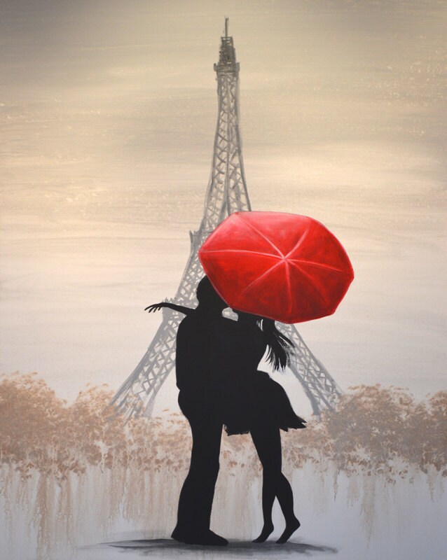 Eiffel Tower Red Umbrella art print 8 x 10 Glossy Giclee