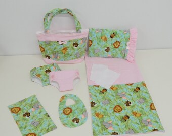 Bitty Baby Basics in Baby Jungle- Diaper Bag and Diapers with Blanket and Pillow