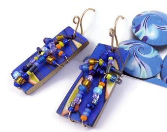 Dangle Earrings Wire Wrapped Polymer Clay Art Jewelry Handmade Pierced Czech Glass Seed Beads Goldplated Wires Blue