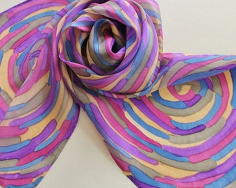 Hand Painted Silk Scarf - Handpainted Scarves Navy Blue Purple Rose Pink Tan Cream Beige Gray Grey Abstract Swirl