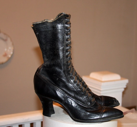 Black Leather Victorian Boots Steampunk Pointed Toe Lace Up