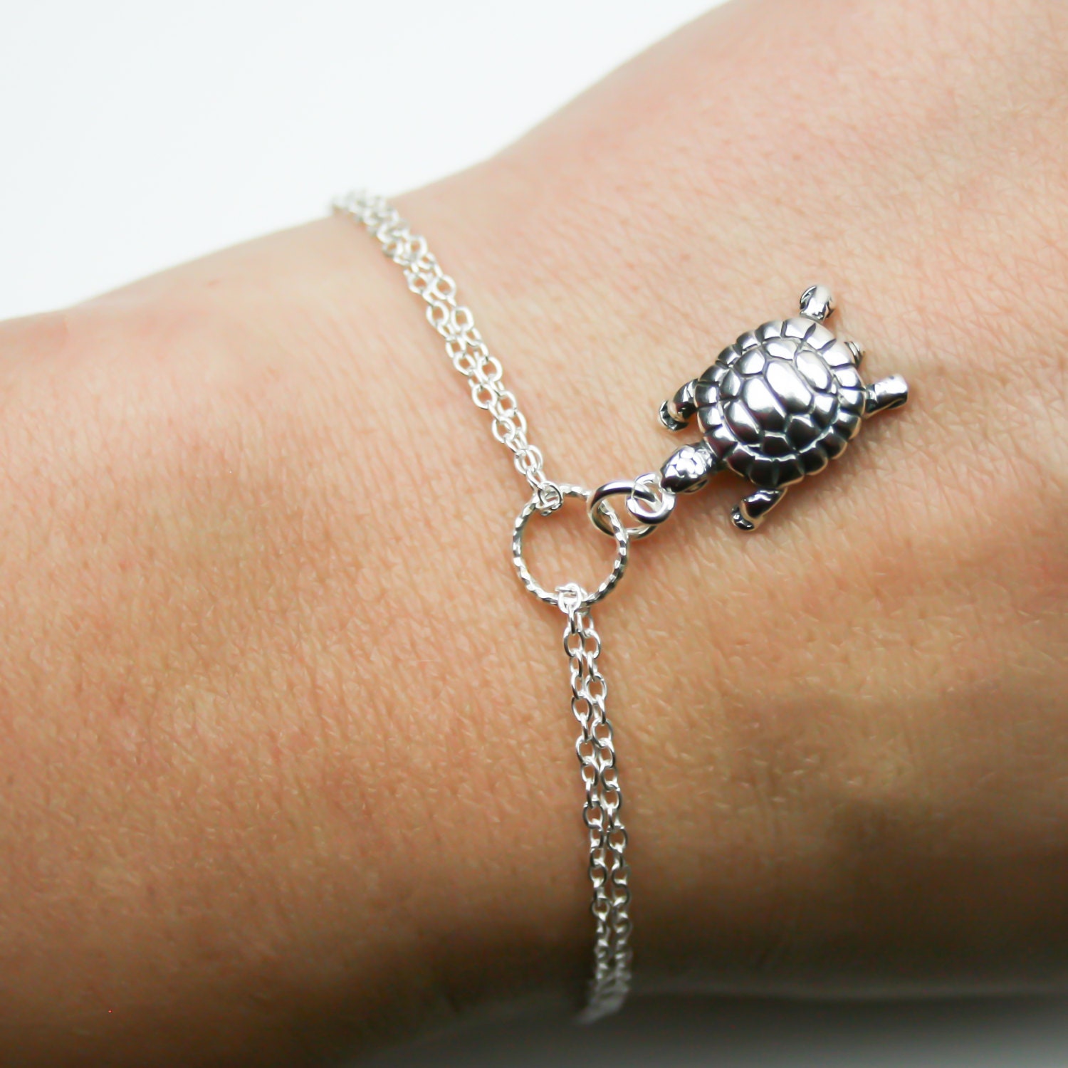 Adjustable Turtle Bracelet in Sterling Silver Double Chain